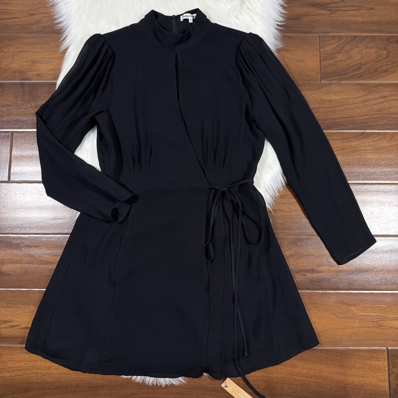 New Reformation Women's Size Petite Medium Mp Black Ottessa Mini Wrap Dress